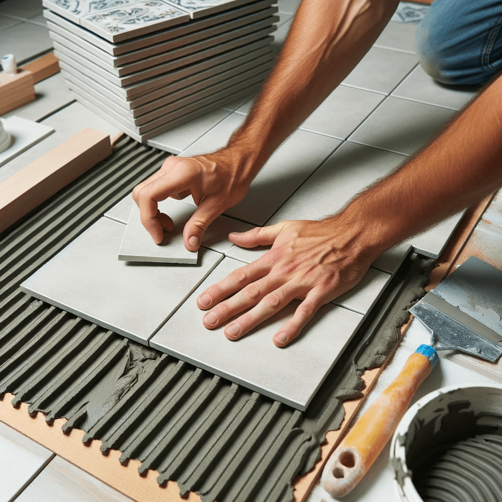 Skilled workers installing elegant tiles in a modern bathroom setting.